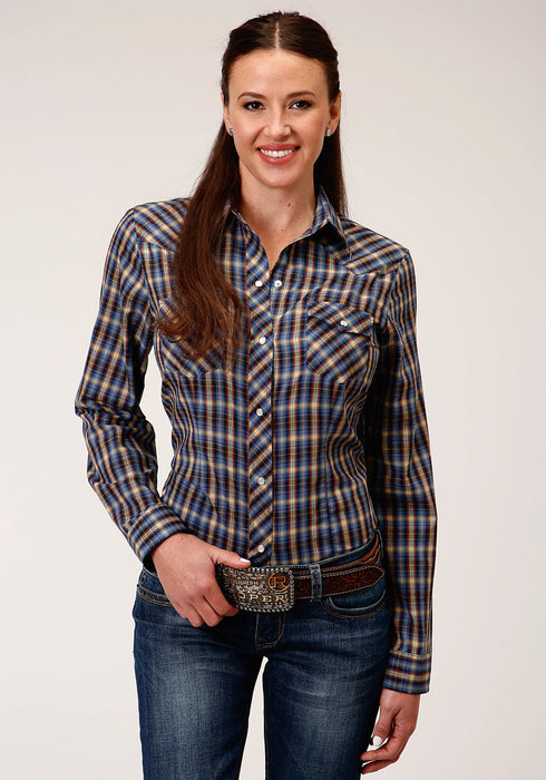 Roper Womens Royal/Yellow Cotton Blend Plaid L/S Snap Shirt