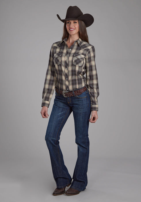 Roper Womens 2108 Plaid Grey/Tan Cotton Blend L/S Shirt