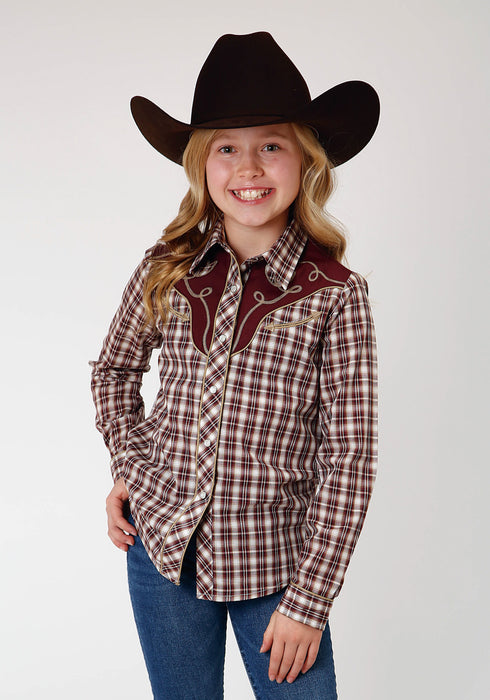 Roper Girls Kids Wine/Cream Cotton Blend Small Scale L/S Plaid Shirt