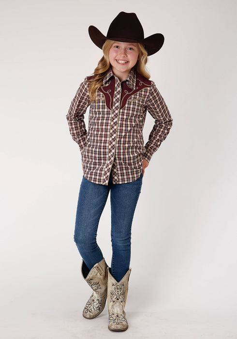 Roper Girls Kids Wine/Cream Cotton Blend Small Scale L/S Plaid Shirt