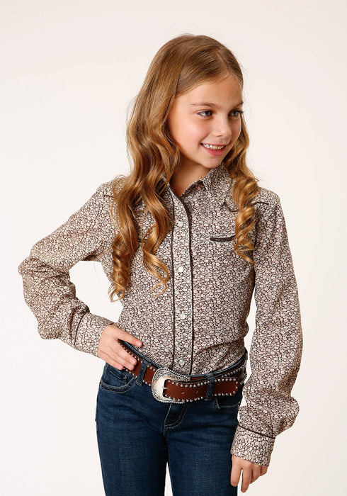 Roper Girls Brown/Cream Cotton Blend Floral Print L/S Shirt