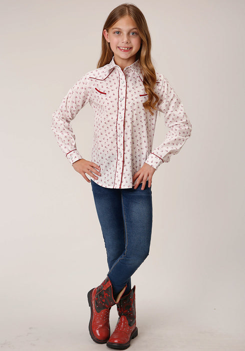 Roper Girls Kids White/Red Cotton Blend Floral Print L/S Shirt