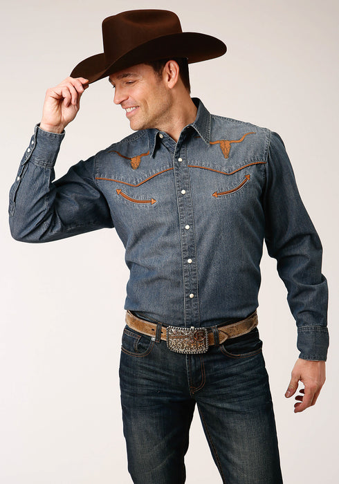 Roper Mens Medium Wash Denim 100% Cotton Longhorns L/S Shirt