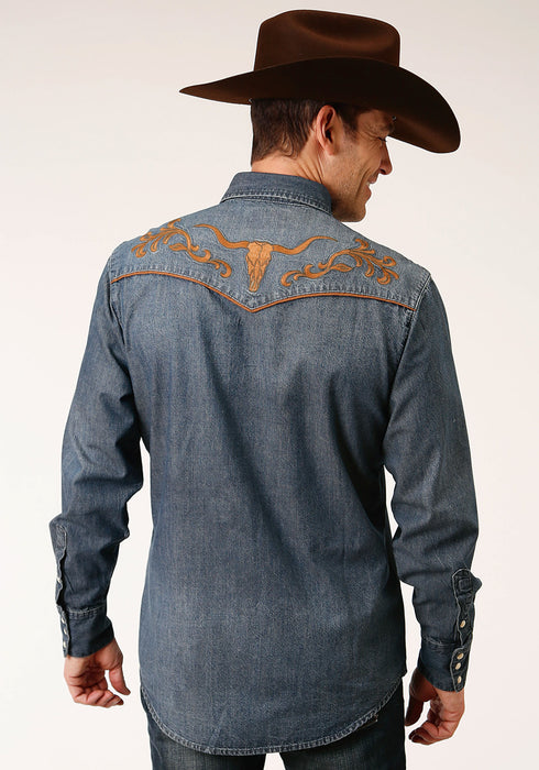 Roper Mens Medium Wash Denim 100% Cotton Longhorns L/S Shirt