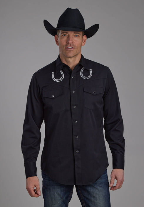 Roper Mens Horseshoes Western Black Poly/Rayon L/S Shirt