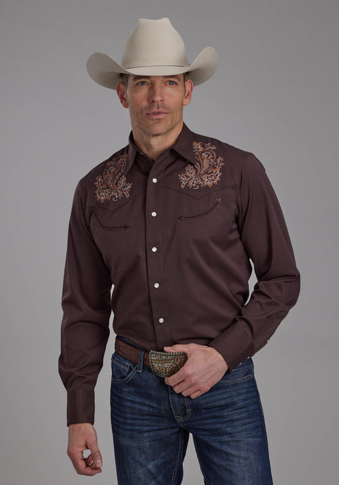 Roper Mens Paisley Western Brown Poly/Rayon L/S Shirt