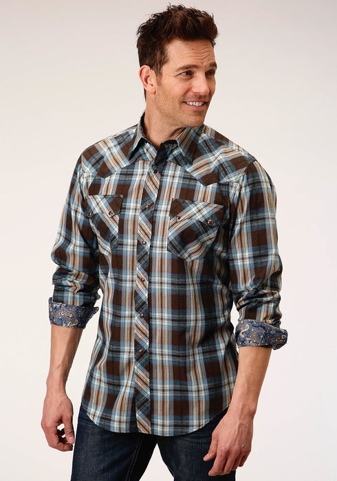 Roper Mens Brown 100% Cotton Crossing Dobby Plaid L/S Shirt