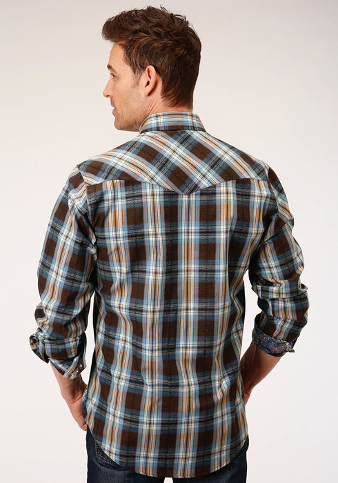 Roper Mens Brown 100% Cotton Crossing Dobby Plaid L/S Shirt