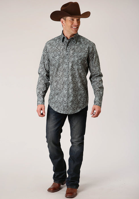 Roper Mens Grey 100% Cotton Silver Vine L/S Snap Shirt