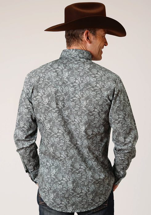 Roper Mens Grey 100% Cotton Silver Vine L/S Snap Shirt