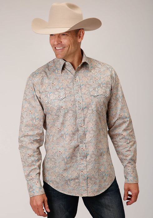 Roper Mens Dot Paisley Print Brown 100% Cotton L/S Shirt