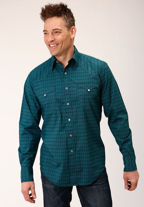 Roper Mens Green 100% Cotton Diamonds Print L/S Shirt