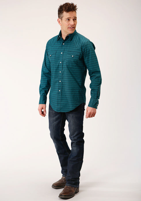 Roper Mens Green 100% Cotton Diamonds Print L/S Shirt