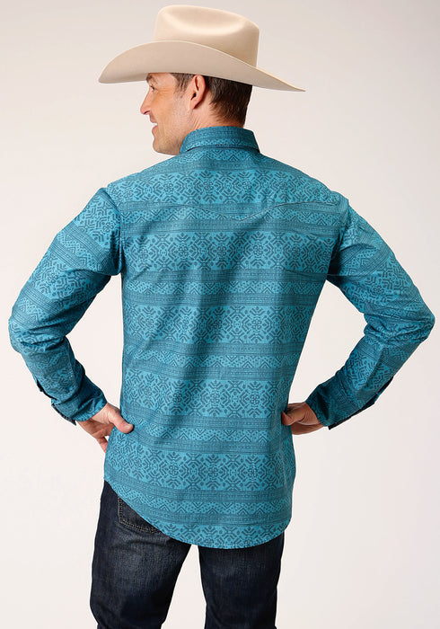 Roper Mens Blue 100% Cotton Textured Aztec L/S Shirt