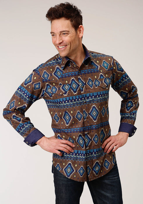 Roper Mens Chocolate 100% Cotton Aztec Print L/S Shirt