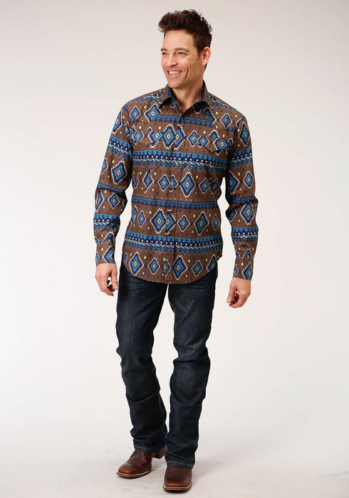 Roper Mens Chocolate 100% Cotton Aztec Print L/S Shirt