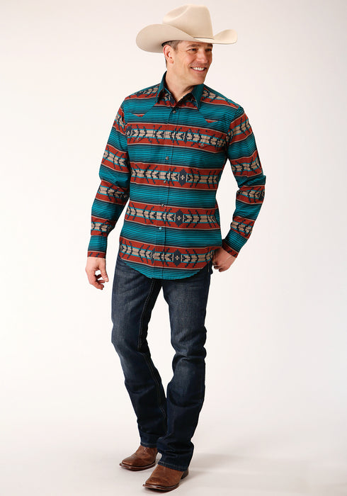 Roper Mens Multi-Color 100% Cotton Ombre Aztec L/S Stripe Shirt