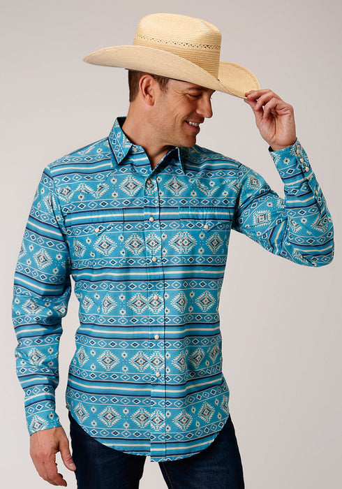 Roper Mens Blue 100% Cotton Horizon Aztec L/S West Shirt