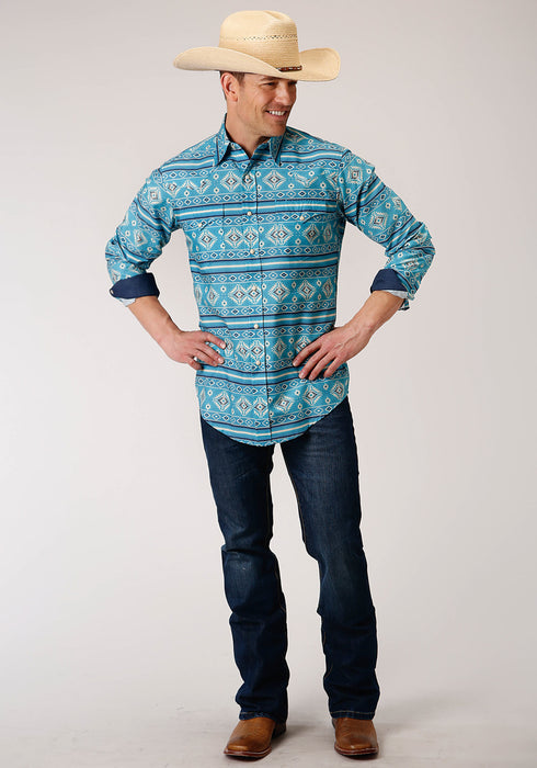 Roper Mens Blue 100% Cotton Horizon Aztec L/S West Shirt