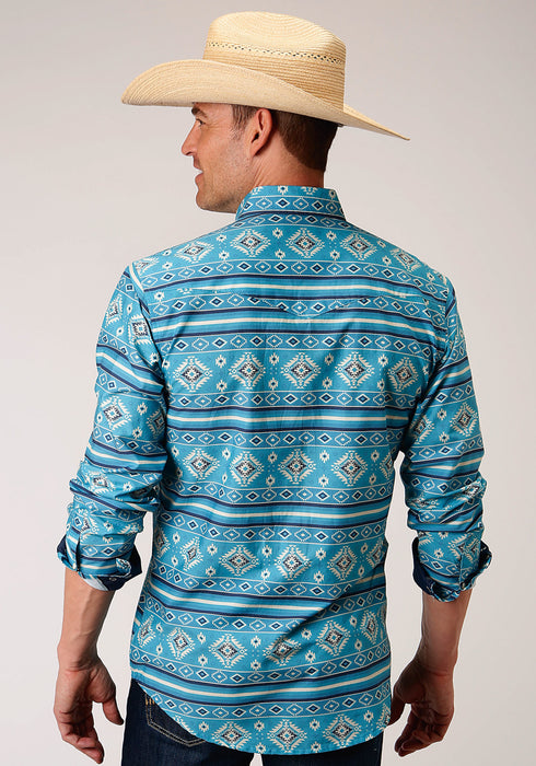 Roper Mens Blue 100% Cotton Horizon Aztec L/S West Shirt