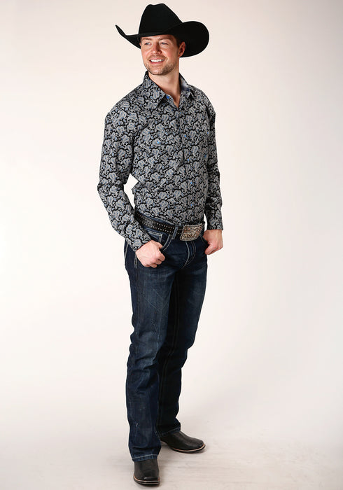 Roper Mens Black 100% Cotton Starry Night Paisley L/S Shirt