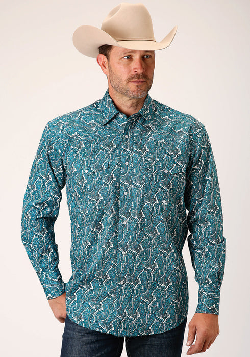 Roper Mens Turquoise 100% Cotton Upstream Paisley L/S Shirt