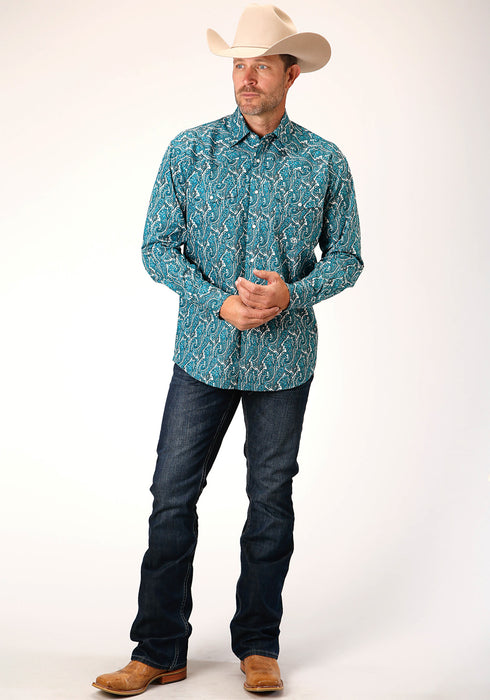 Roper Mens Turquoise 100% Cotton Upstream Paisley L/S Shirt