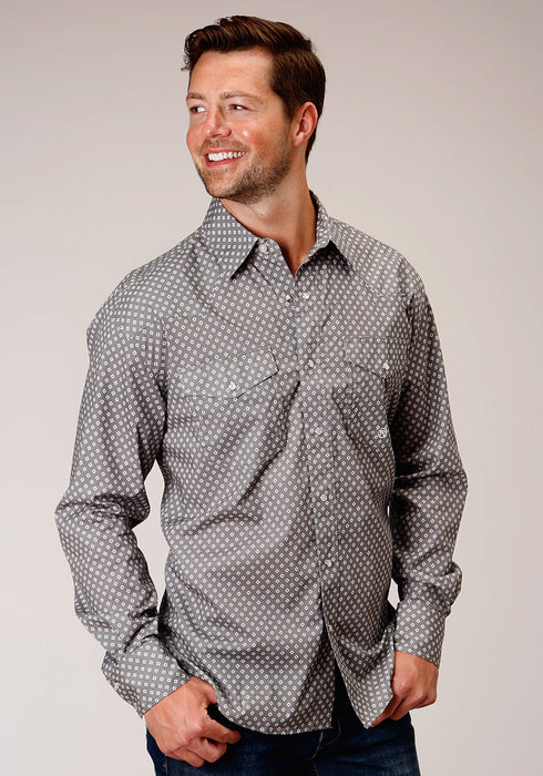 Roper Mens Grey Cotton Blend Diamond Poplin L/S Shirt