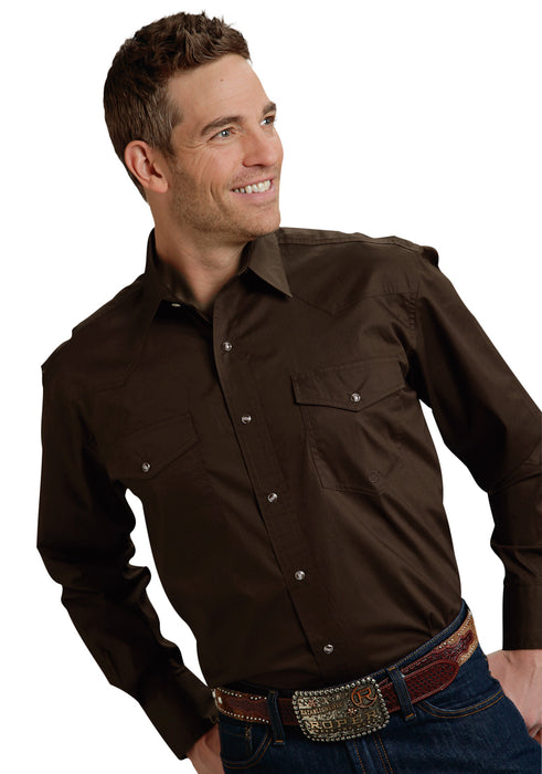 Roper Basic Solid Mens Chocolate 100% Cotton L/S 2 Pkt Western Shirt