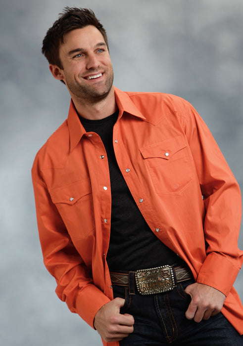 Roper Mens Orange 100% Cotton L/S 2 Pocket Western Shirt