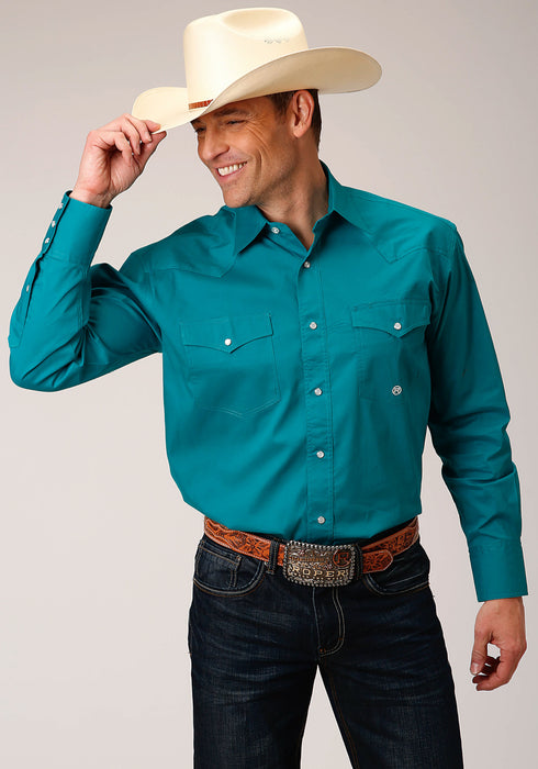 Roper Mens Turquoise Cotton Blend Poplin Stretch L/S Shirt