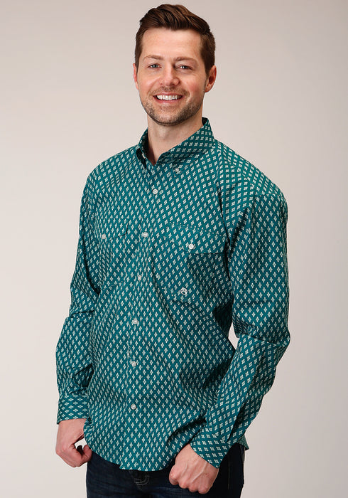 Roper Mens Teal 100% Cotton Point Diamonds BD L/S Btn Shirt