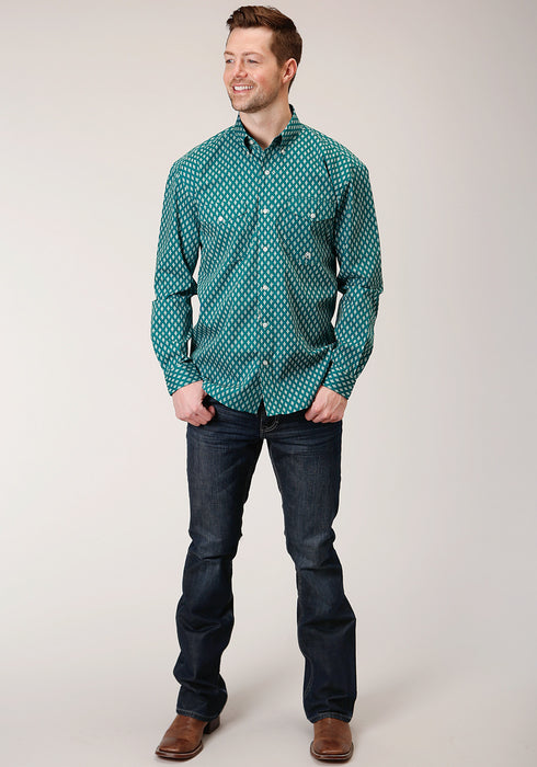 Roper Mens Teal 100% Cotton Point Diamonds BD L/S Btn Shirt