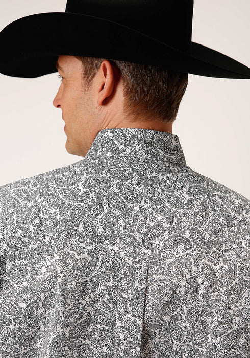 Roper Mens White 100% Cotton Line Paisley BD L/S Btn Shirt