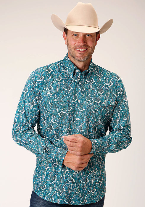 Roper Mens Turquoise 100% Cotton Upstream Paisley BD L/S Btn Shirt