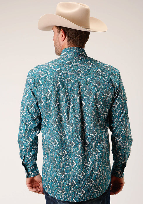 Roper Mens Turquoise 100% Cotton Upstream Paisley BD L/S Btn Shirt