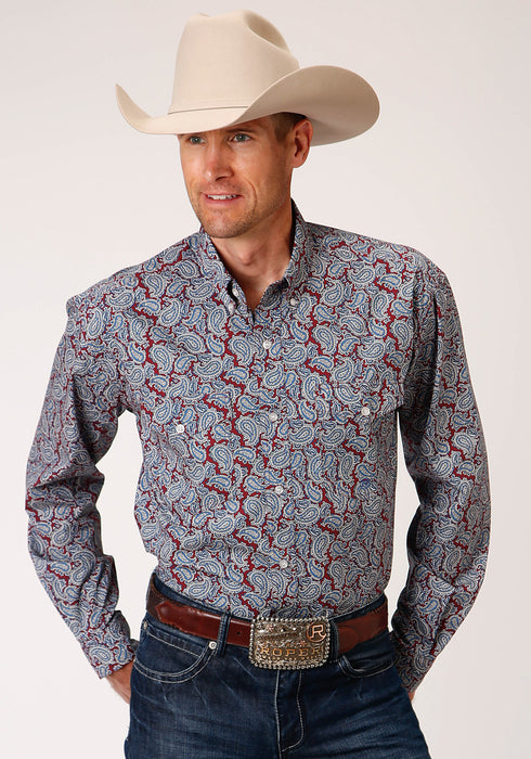 Roper Mens Wine 100% Cotton Liberty Paisley BD L/S Btn Shirt