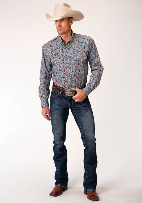 Roper Mens Wine 100% Cotton Liberty Paisley BD L/S Btn Shirt