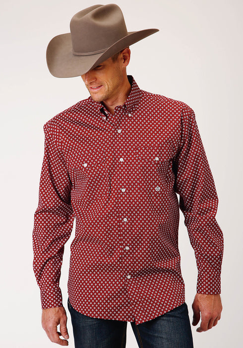 Roper Mens Wine Cotton Blend Diamond Poplin BD L/S Btn Shirt