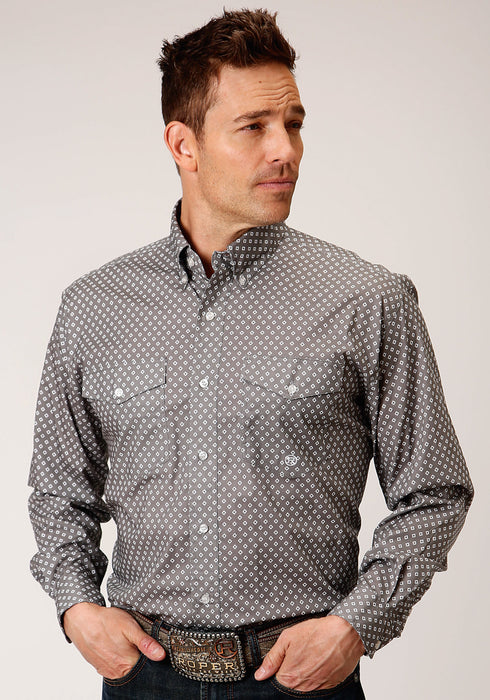 Roper Mens Grey Cotton Blend Diamond Poplin BD L/S Btn Shirt