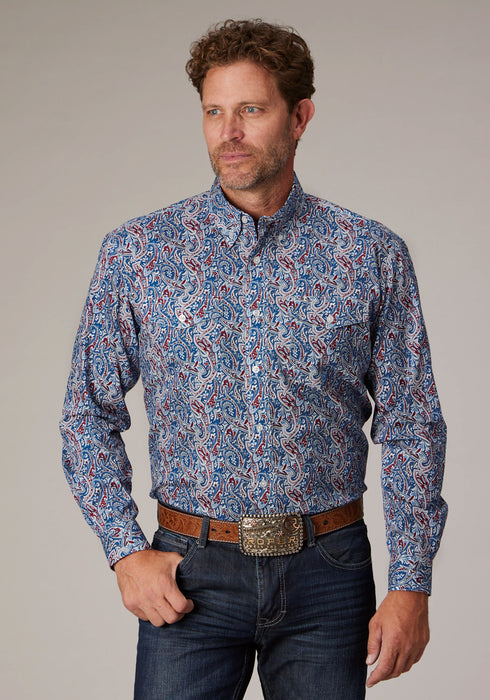 Roper Mens 2024 River Paisley Blue 100% Cotton Button L/S Shirt