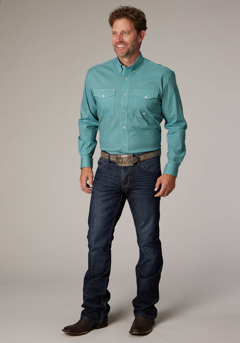 Roper Mens 2025 Stretch Neat Teal Cotton Blend L/S Shirt