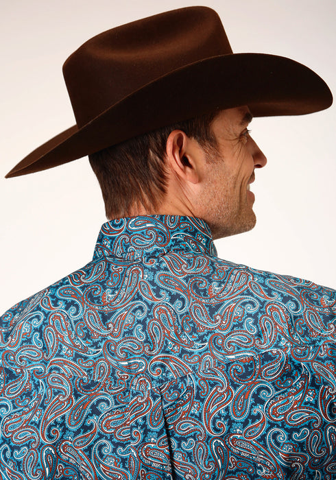 Roper Mens Blue 100% Cotton Canyon Paisley BD L/S Btn Shirt