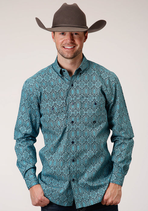 Roper Mens Blue 100% Cotton Medallion Paisley BD L/S Btn Shirt