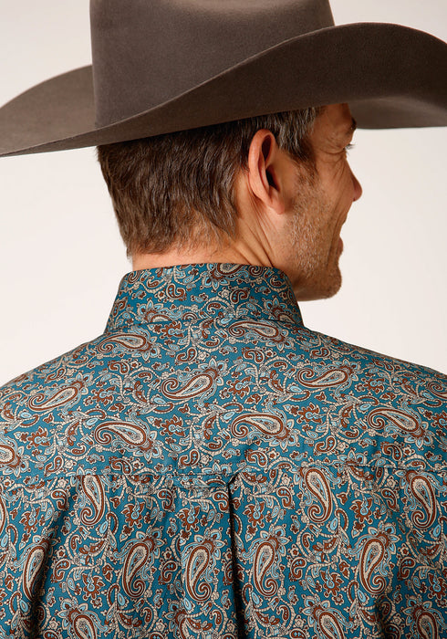 Roper Mens Teal 100% Cotton Vintage Paisley BD L/S 1 Pkt Shirt