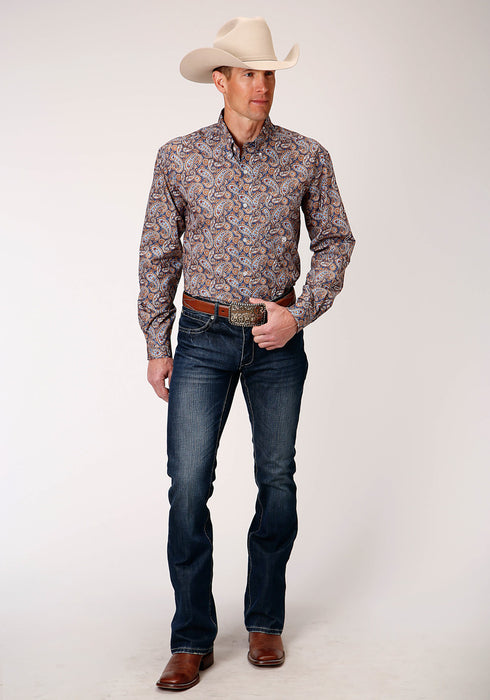 Roper Mens Blue 100% Cotton Country Paisley BD L/S 1 Pkt Shirt