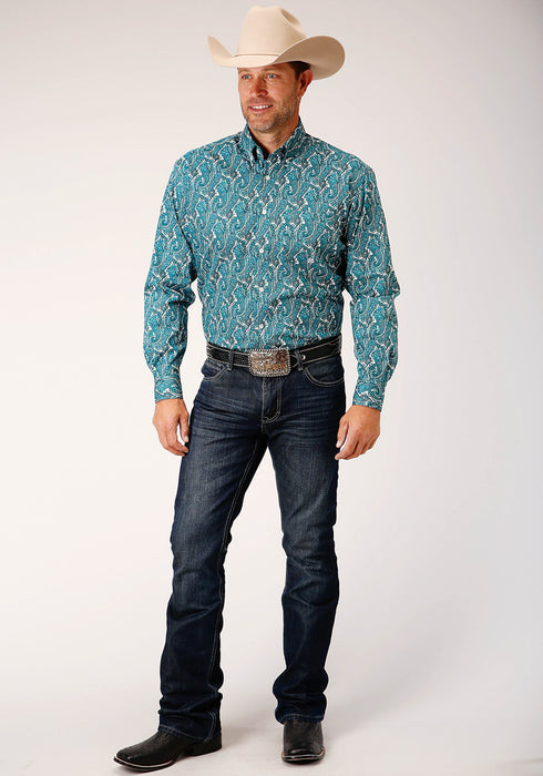 Roper Mens Turquoise 100% Cotton Upstream Paisley BD L/S 1 Pkt Shirt