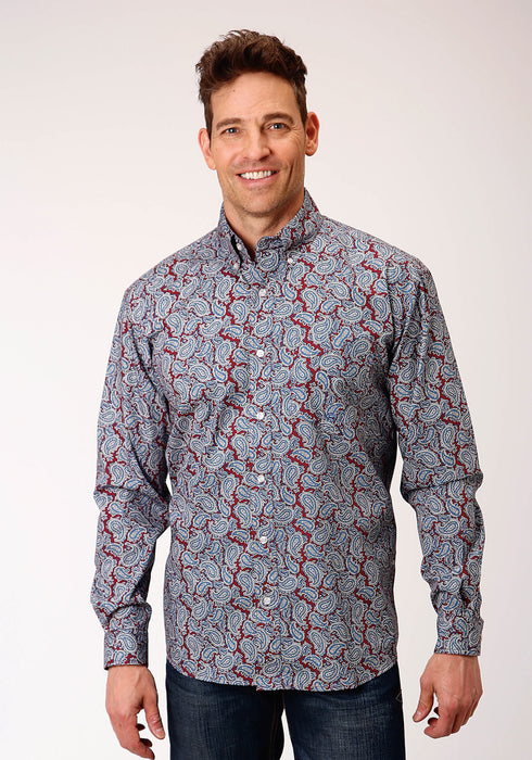 Roper Mens Wine 100% Cotton Liberty Paisley BD L/S 1 Pkt Shirt