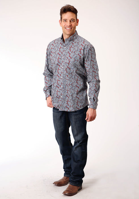 Roper Mens Wine 100% Cotton Liberty Paisley BD L/S 1 Pkt Shirt