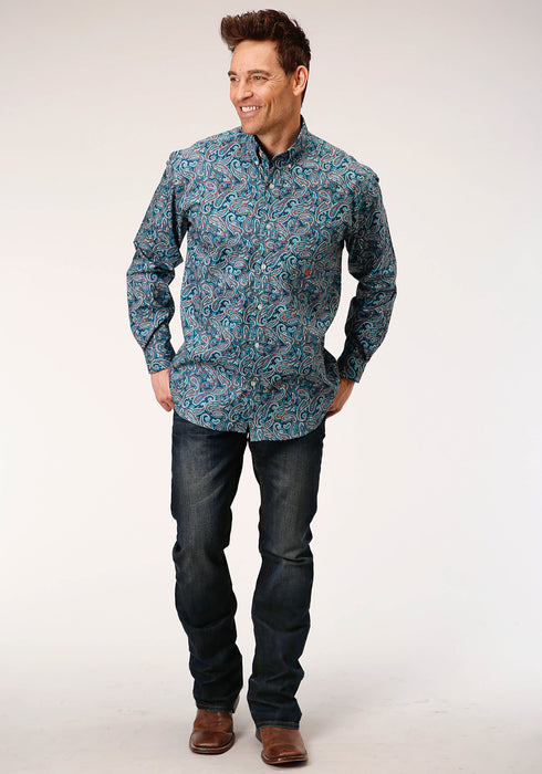 Roper Mens Blue 100% Cotton Canyon Paisley BD L/S 1 Pkt Shirt